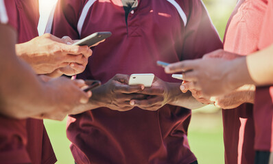Poster - Sports, group and phone with hands of people on field for networking, teamwork and social media. Contact, fitness and health with closeup of friends in stadium for internet, communication and app