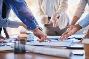 Wall Mural - Business people, hands and meeting with documents in planning, strategy or ideas together at office. Closeup of group in project plan, collaboration or teamwork on paperwork or blueprint at workplace