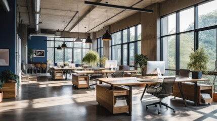 Sticker - Concrete walls modern work office, wooden deck in a clean and bright environment. 