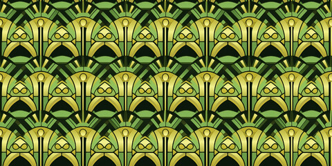 Seamless art deco golden green pattern. Mosaic for wallpaper in contemporary vintage style with bright and striking colors for the background. Tile ornament fabric backdrop.