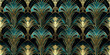 Seamless art deco turquoise green and gold pattern. Mosaic for wallpaper in contemporary vintage style with bright and striking colors for the background. Tile ornament fabric backdrop.