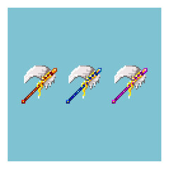 Poster - Pixel art sets of scythe weapon items asset. red,blue,and purple beautiful scythe on pixelated style.8bits perfect for game asset or design asset element for your game design asset.