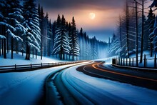 Winter Road At Night Lit By Street Lamp 