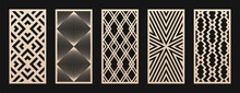 Laser Cut Patterns. Vector Collection Of CNC Cutting Templates With Abstract Geometric Ornament, Grid, Mesh, Lines, Chevron. Decorative Stencil For Laser Cut Of Wood, Metal, Plastic. Aspect Ratio 1:2