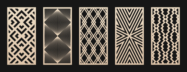 Poster - Laser cut patterns. Vector collection of CNC cutting templates with abstract geometric ornament, grid, mesh, lines, chevron. Decorative stencil for laser cut of wood, metal, plastic. Aspect ratio 1:2