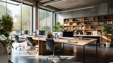 Sticker - Concrete walls modern work office, wooden deck in a clean and bright environment. Generative AI