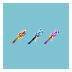 Poster - Pixel art sets of magic wand items asset. red,blue,and purple beautiful magic wand on pixelated style.8bits perfect for game asset or design asset element for your game design asset.