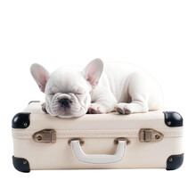 French Bulldog Puppy Sleeping On The Travel Bag, Isolated On Transparent Background. Concept Of Travel, Animals And Trip.