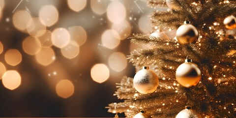 Wall Mural - Christmas Tree With gold Baubles close-up against backdrop of golden sparkling Christmas lights. Wide format banner. Background with atmosphere of celebration and magic