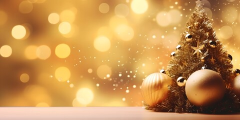 Wall Mural - Christmas Tree With gold Baubles close-up against backdrop of golden sparkling Christmas lights. Wide format banner. Background with atmosphere of celebration and magic