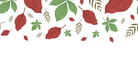 Wall Mural - Seamless horizontal banner pattern with autumn fall green and red leaves. Perfect for wallpaper, wrapping paper, web sites, background, social media, blog and greeting cards, advertising