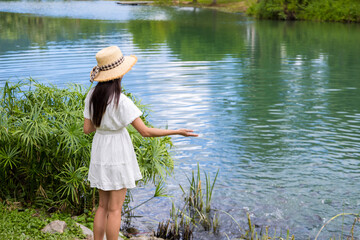 Sticker - Tourist woman feed the fish in the water pond