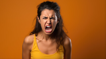 Angry woman screams against orange background