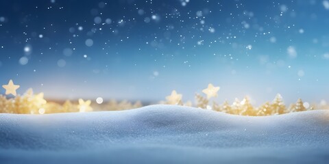 Festive Christmas natural snowy landscape, abstract empty stage, background with snow, snowdrift and defocused Christmas lights. Blue and yellow Golden Christmas lights against blue sky, copy space