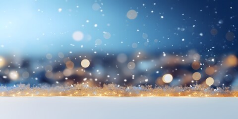  Festive Christmas natural snowy landscape, abstract empty stage, background with snow, snowdrift and defocused Christmas lights. Blue and yellow Golden Christmas lights against blue sky, copy space
