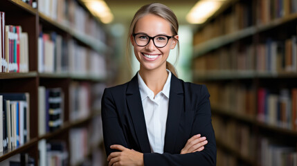 Canvas Print - Female student standing in front of book shelves in college library