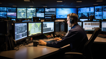 An officer sits in a military command center and monitors data on computer monitors