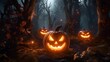 Halloween pumpkins in the forest at night. 3D rendering. Halloween background with Evil Pumpkin. Spooky scary dark Night forrest. Holiday event halloween banner background concept.