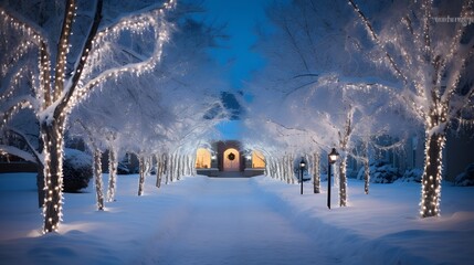 Wall Mural - Winter park at night with lanterns, Christmas decorations and lights. Winter snowy landscape. House exterior christmas decorations in the snow.