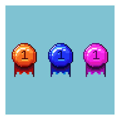 Poster - Pixel Art of medal winner one . orange,blue,and purple medal ranking one on pixelated style. Perfect for game developer who need medal assets for his game, and designer who's need pixelated medals