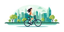 Girl Dressed In T-shirt And Tight Pants Riding A Bicycle Through The City. Color Vector Illustration In Flat Style.