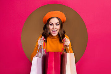 Wall Mural - Portrait of funny cheerful pretty girl hands hold packages breakthrough pink background hole ad