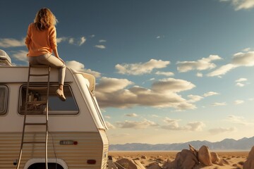 Woman sitting on RV at summer evening