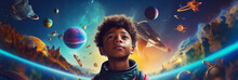 Cosmonaut Kid Space Expedition Boy As Astronaut In The Universe. Knowledge Education Concept