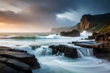 sunset over the ocean  with lovely waves and the mountains  in the surrounding 