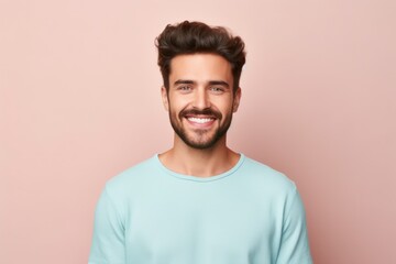 Portrait of a Fictional Handsome Casual White Man Isolated on a Plain Pastel Colored Background. Generative AI.