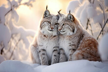 A Loving Couple Of Lynxes In The Winter In The Forest