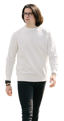 Canvas Print - Man wearing blank white sweatshirt. Sweatshirt or hoodie for mock up, logo designs or design print with free space.