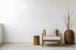 Minimal interior armchair zen style wooden chair in front of empty white wall