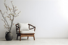 Minimal Interior Armchair Zen Style Wooden Chair In Front Of Empty White Wall