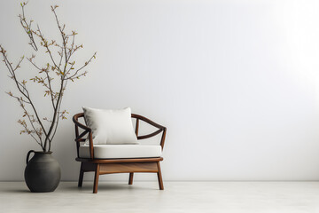 Minimal interior armchair zen style wooden chair in front of empty white wall