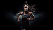 © goami - female person running on black background, woman sprinter concept studio shot, generative AI
