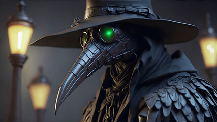 Masked man plague doctor, head profile, with bird mask and hat, fashion photo portrait- Generative Ai