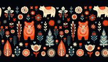 Simple Minimalist Scandinavian Seamless Pattern With Bears, Christmas Forest, Flowers
