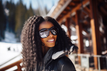 Young black woman with sunglasses and ski equipment in ski resort Bukovel, winter holiday concept.