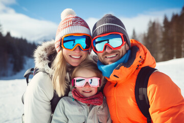 Happy young family with sunglasses and ski equipment in ski resort Bukovel, winter holiday concept.