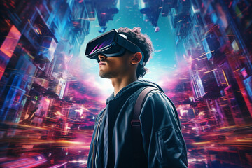 Poster - generative ai collage photo of person using gadget for virtual reality