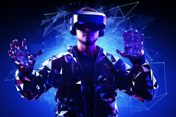 Poster - generative ai collage photo of gamer using device gadget for virtual reality simulation