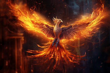 Poster - Generative ai photo collage of flying red burning bird phoenix with wire wings rebirth