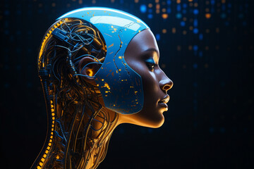 Poster - generative ai collage of female humanoid robot invention on dark black background