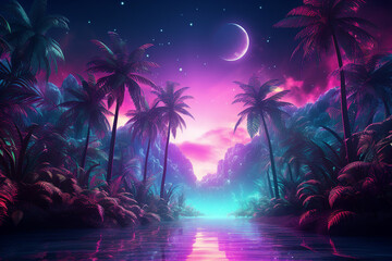 Poster - Generative ai collage image picture of mysterious jungle with neon bright vivid lights under night sky