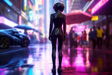 Poster - creative poster collage of cyberpunk neon blue pink city light female girl figure costume robot futu