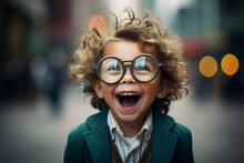 Picture Of Nice Cheerful Crazy Kid Wear Eyeglasses Have Fun Good Mood Generative AI Concept