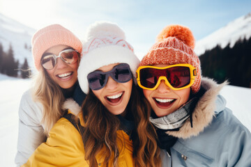 Three beautiful happy young women with sunglasses and winter clothing having fun in ski resort Bukovel, winter holiday concept.