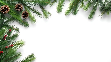 Christmas background with xmas tree and fir cones on white background. Space for text