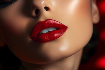 Wall Mural - Close up of lips with bright lipstick Beautiful woman face make up cosmetics AI generative picture